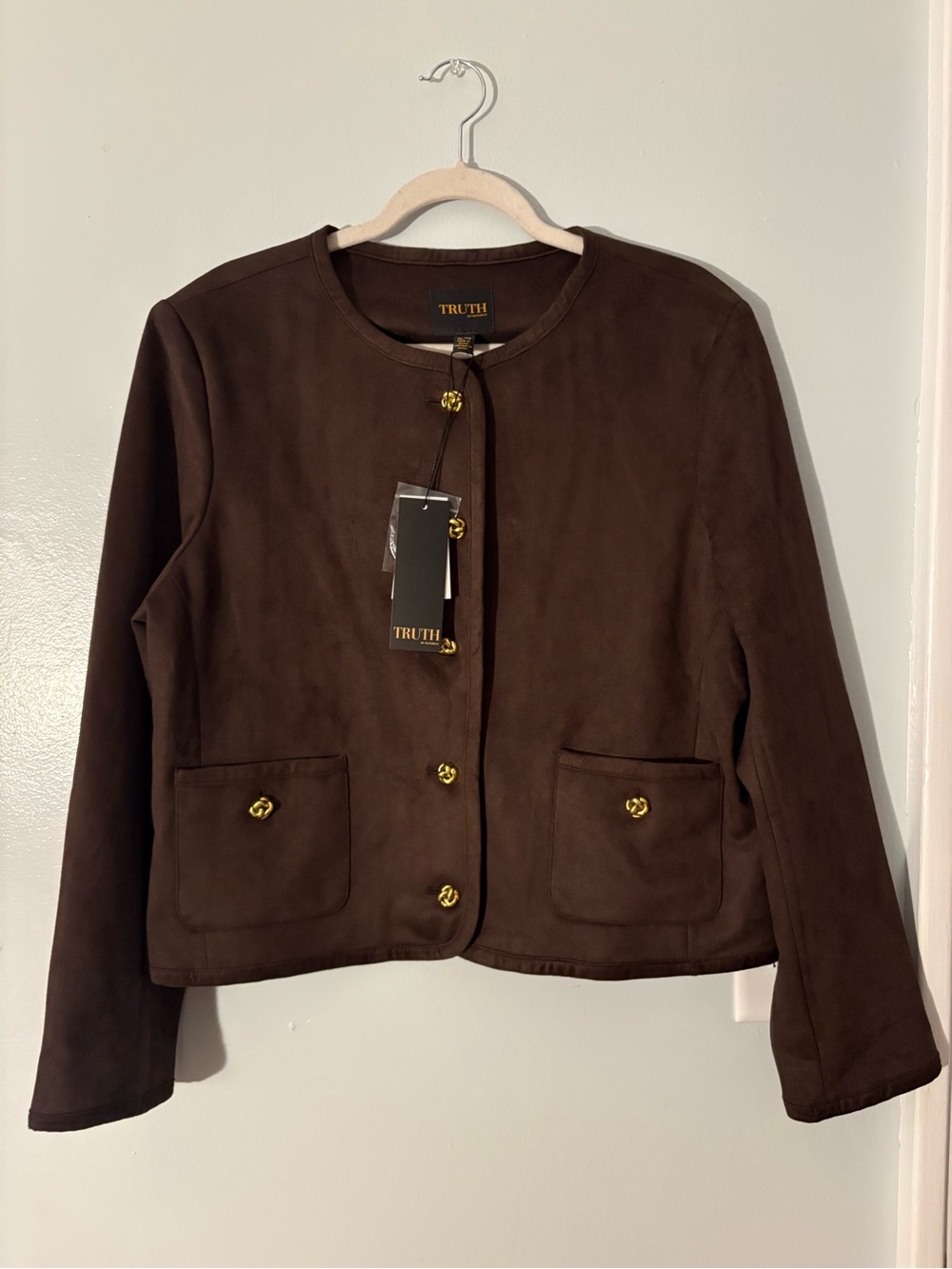 TRUTH Quiet Luxury Dark Brown Collarless Faux Leather Jacket with Gold Buttons